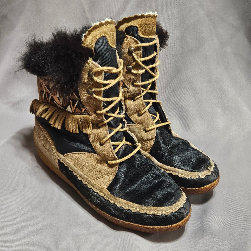 Vintage Tecnica Italy Goat Hair Suede Après-Ski Winter Boots Black Tan EU 38 7.5